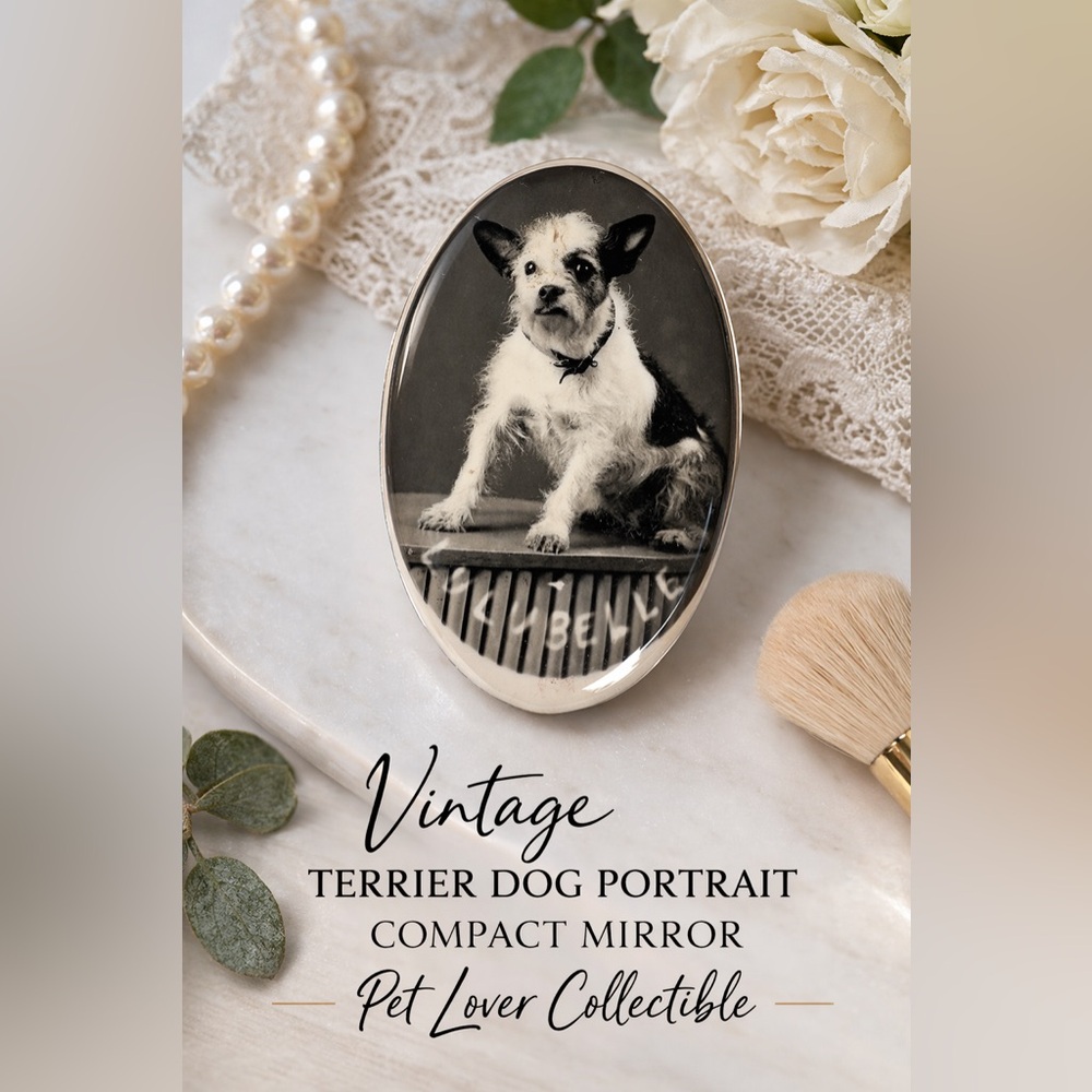 Vintage Terrier Dog Portrait Compact Mirror Lid Oval Pet Lover Collectible